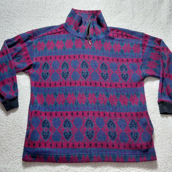 Margo's Sweaters - Women's Patterned Zip-Up Sweater - Pink and Blue trendy granola